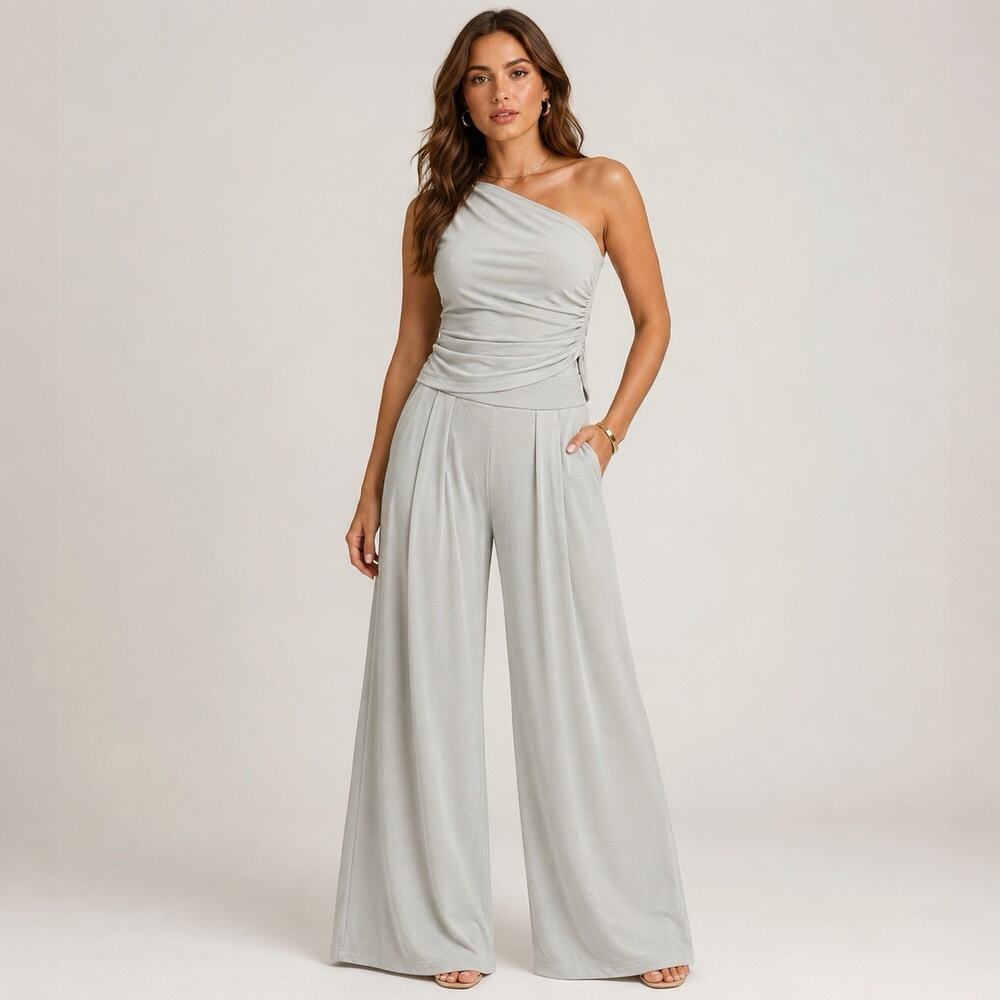 OGL 2PC Sandwashed One Shoulder Ruched Bra Top Palazzo Wide Leg Pants M/S Set